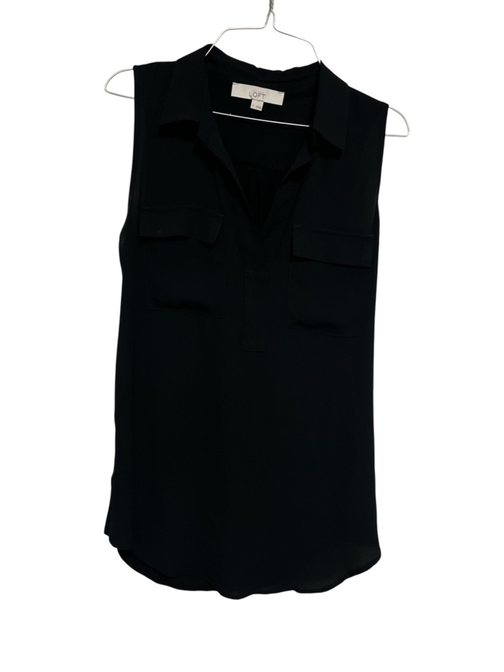 LOFT Black Sleeveless Collared V-Neck Shell with Front Flap Pockets